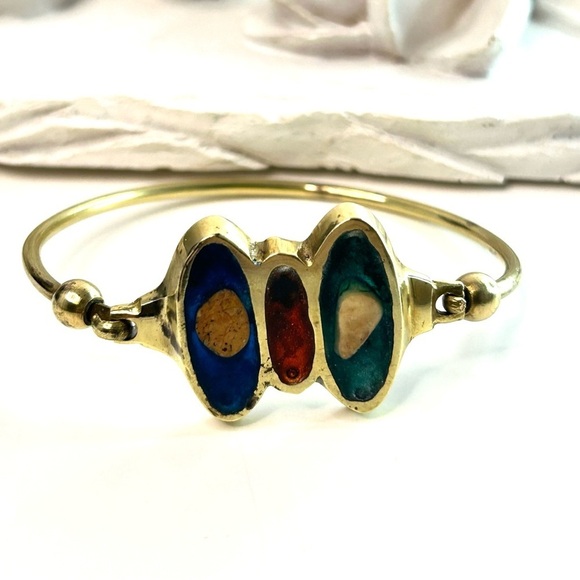 Artisan Made in Greece Inlay Stones Brass Bangle - Picture 10 of 16